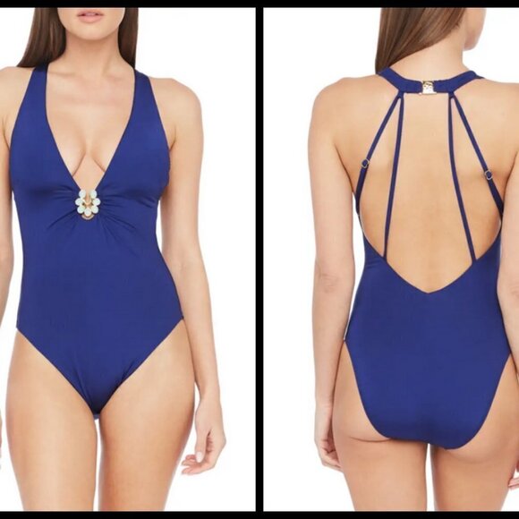 💕TRINA TURK Bijou Solids V-Plunge Plus One Piece Swimsuit Ultra Marine Blue 20W - Picture 8 of 15